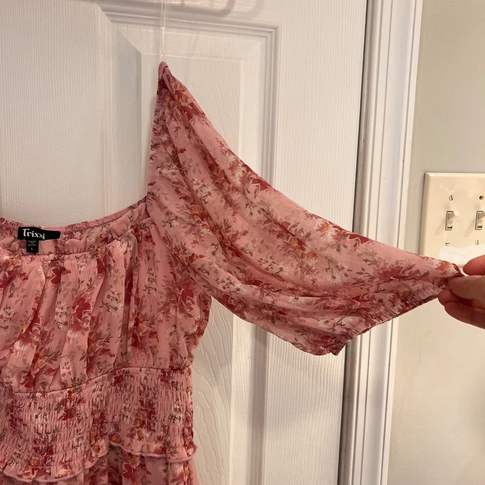 Trixxi Pink Floral Chiffon Smocked Mini Dress Womens Large Loveshack Fancy